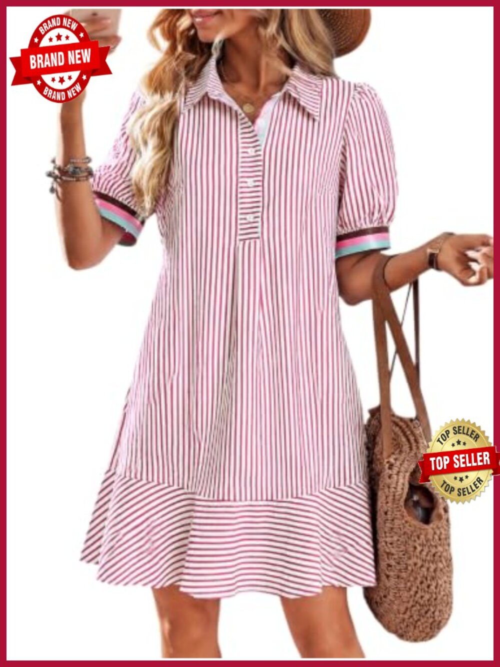 Womens Striped Mini Shirt Dress Button Down Collar V-Neck Short Sleeve